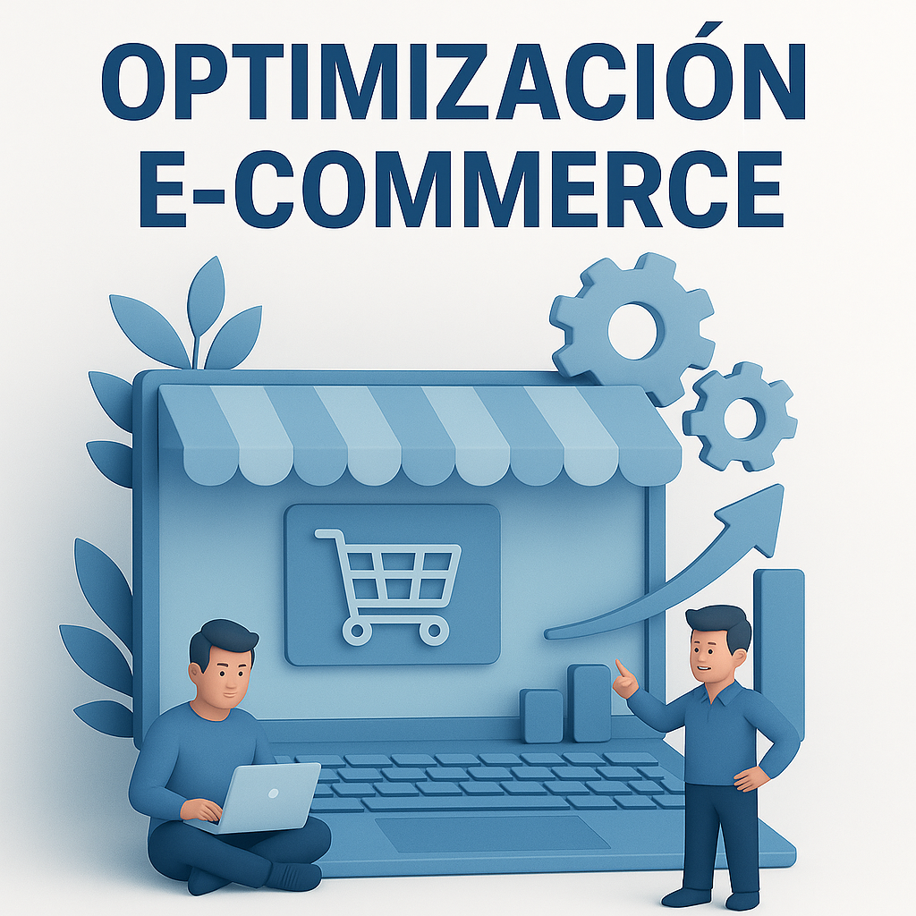 ilustración de optimización de e-commerce destacando estrategias clave como mejora de experiencia de usuario, embudo de conversión, SEO para tiendas online y aumento de ventas digitales.