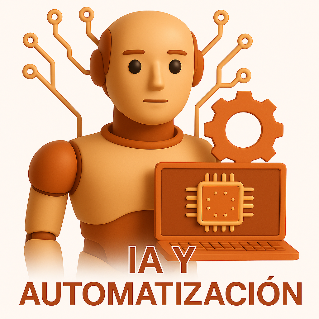 Ilustración conceptual de automatización e inteligencia artificial mostrando engranajes, circuitos y robots, representando procesos automatizados, análisis de datos y optimización inteligente en negocios digitales