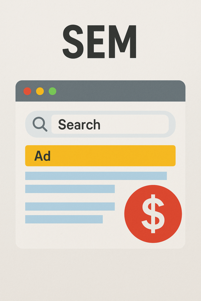Ilustración conceptual de SEM (Search Engine Marketing) mostrando una página de resultados de búsqueda con anuncios pagados destacados, símbolo de dólar y buscador, representando estrategias de marketing digital, publicidad online y posicionamiento pagado en buscadores.